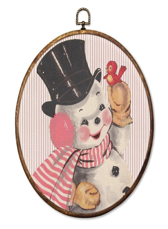 HUGANE Vintage Pink Christmas Snowman Round Wall Art Decor, Rustic Cozy Xmas Winter Snowman Hanging Canvas Framed Prints Wall Sculptures for Home Bedroom Living Room Decor, 10x10 Inch - Image 1